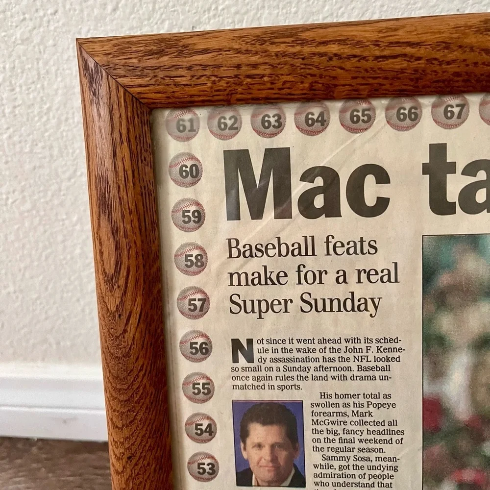 Framed Baseball Newspaper Article in Brown Frame Mark McGuire 13/16 inch